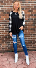 Load image into Gallery viewer, Black top with Plaid sleeve