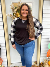 Load image into Gallery viewer, Black top with Plaid sleeve