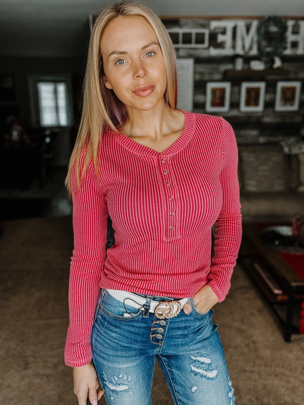 Pink Ribbed Textured Button down Long Sleeve Top