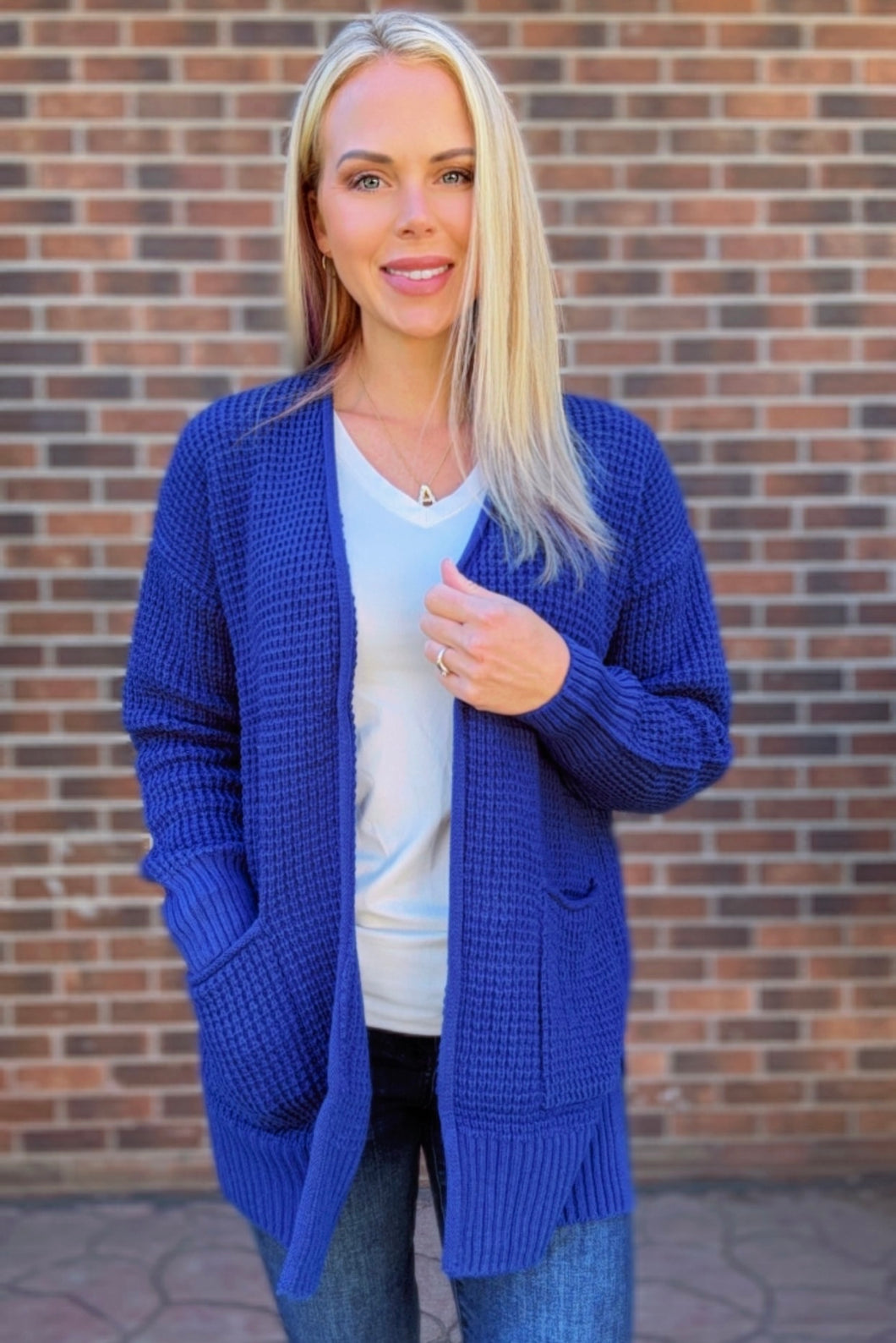 Navy Blue Waffle Knit Cardigan (Standard & Curvy)