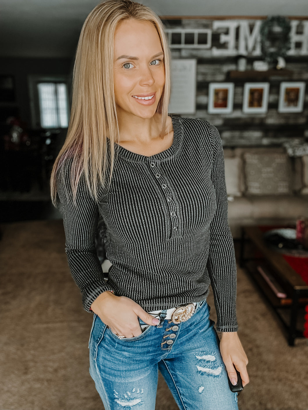 Charcoal Ribbed Textured Button down Long Sleeve Top