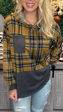 Load image into Gallery viewer, Black and Gold Plaid Waffle Hooded Top
