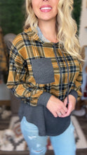 Load image into Gallery viewer, Black and Gold Plaid Waffle Hooded Top
