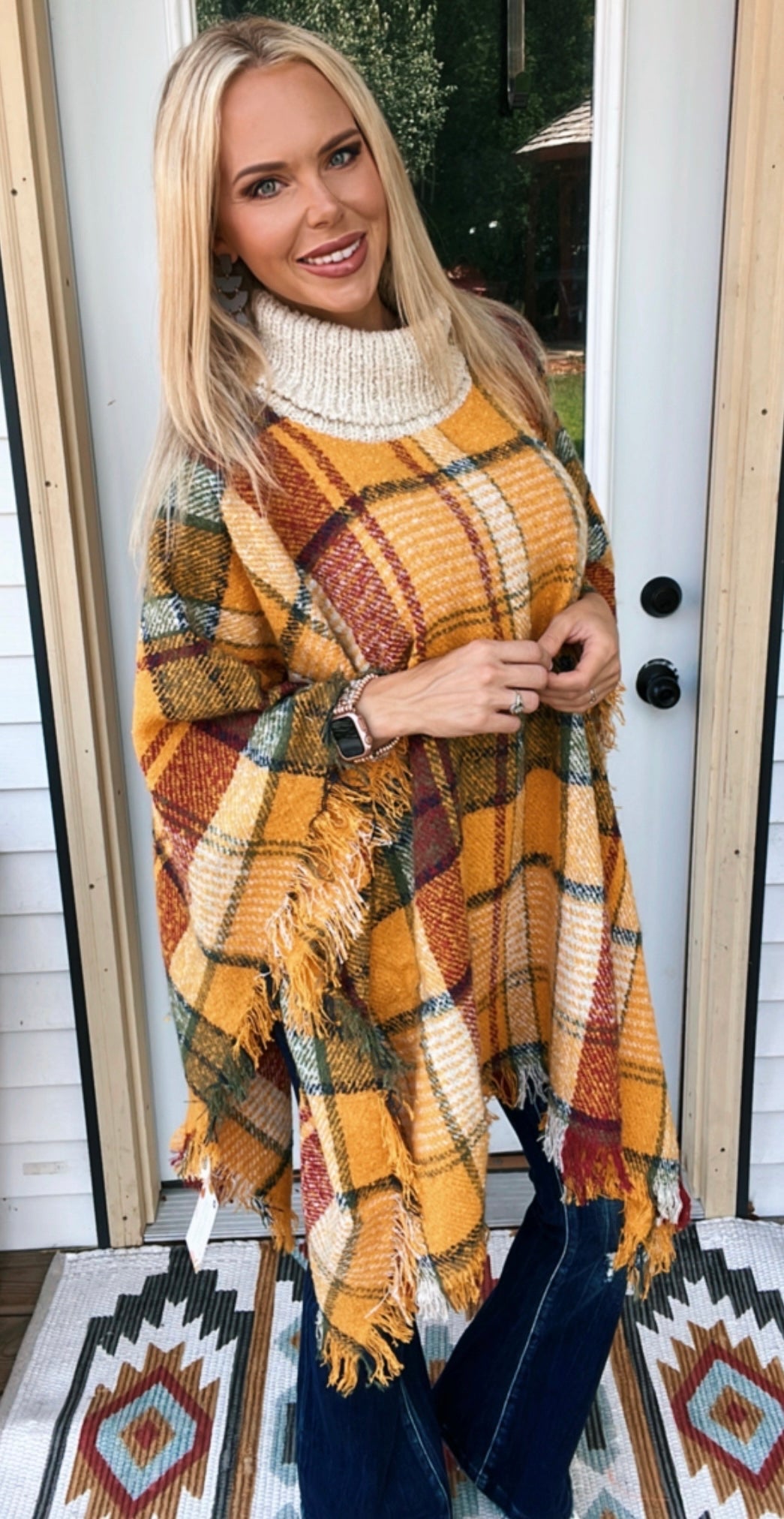 Gold Plaid Poncho Sweater