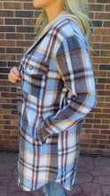 Load image into Gallery viewer, Hooded Longline Blue and Brown Plaid Shacket
