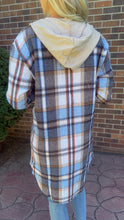 Load image into Gallery viewer, Hooded Longline Blue and Brown Plaid Shacket
