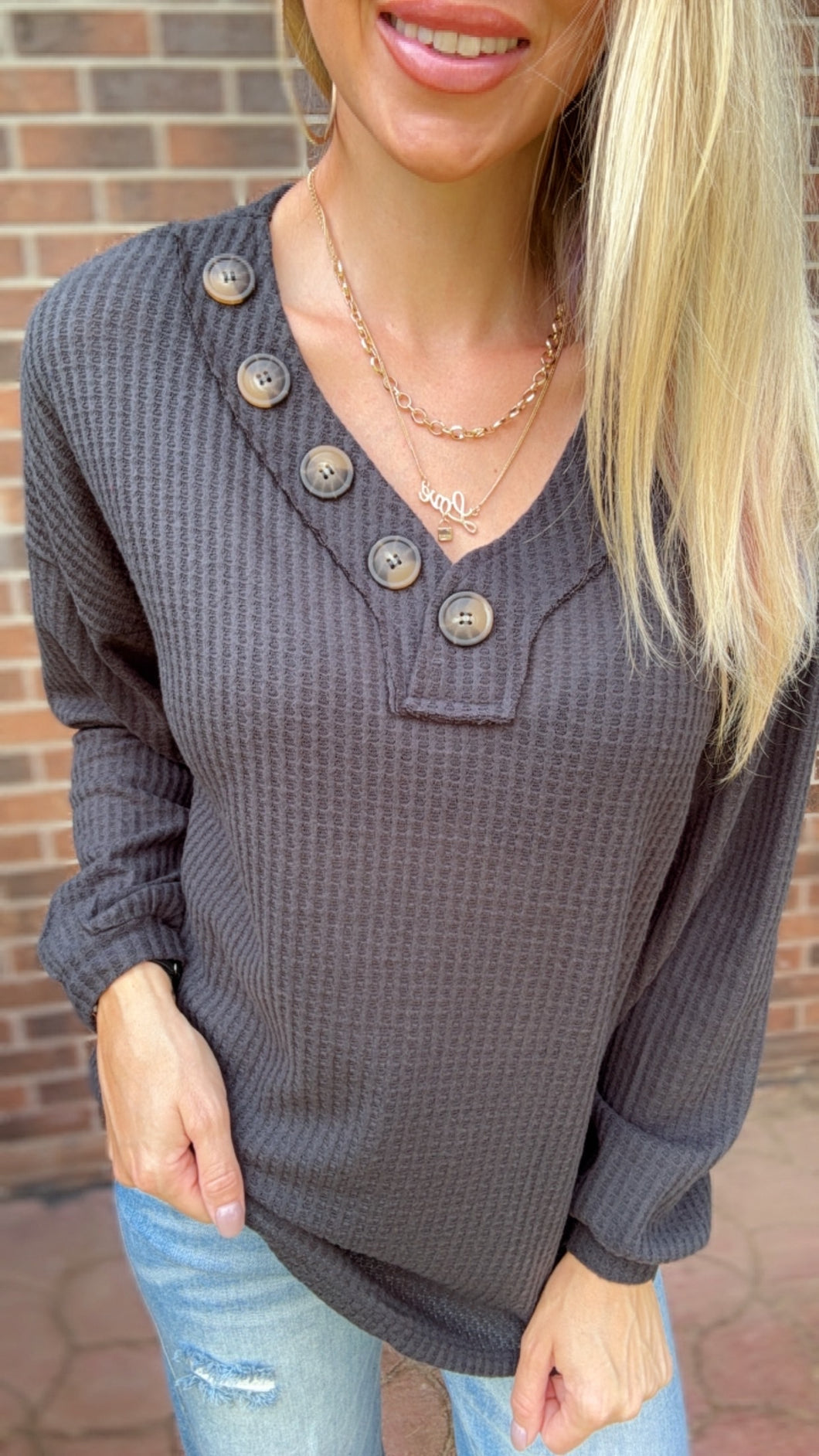 Charcoal Waffle Button Vneck