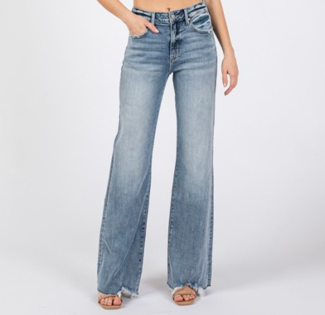 High Rise Wide Leg Frayed Hem Jeans