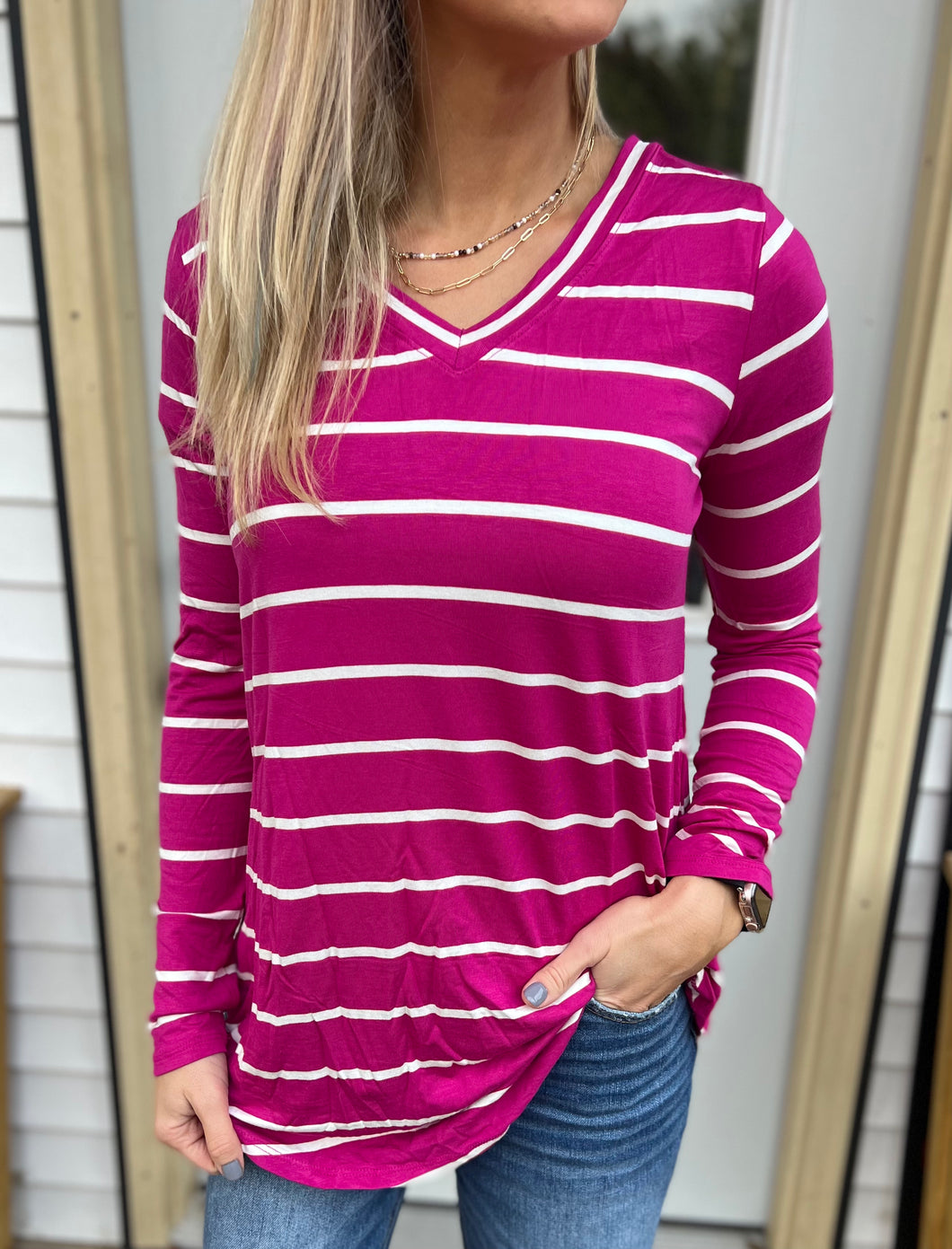 Magenta and White striped Long Sleeve Tunic