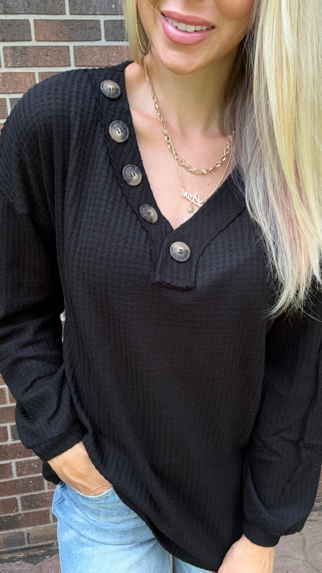 Black Waffle Button Vneck