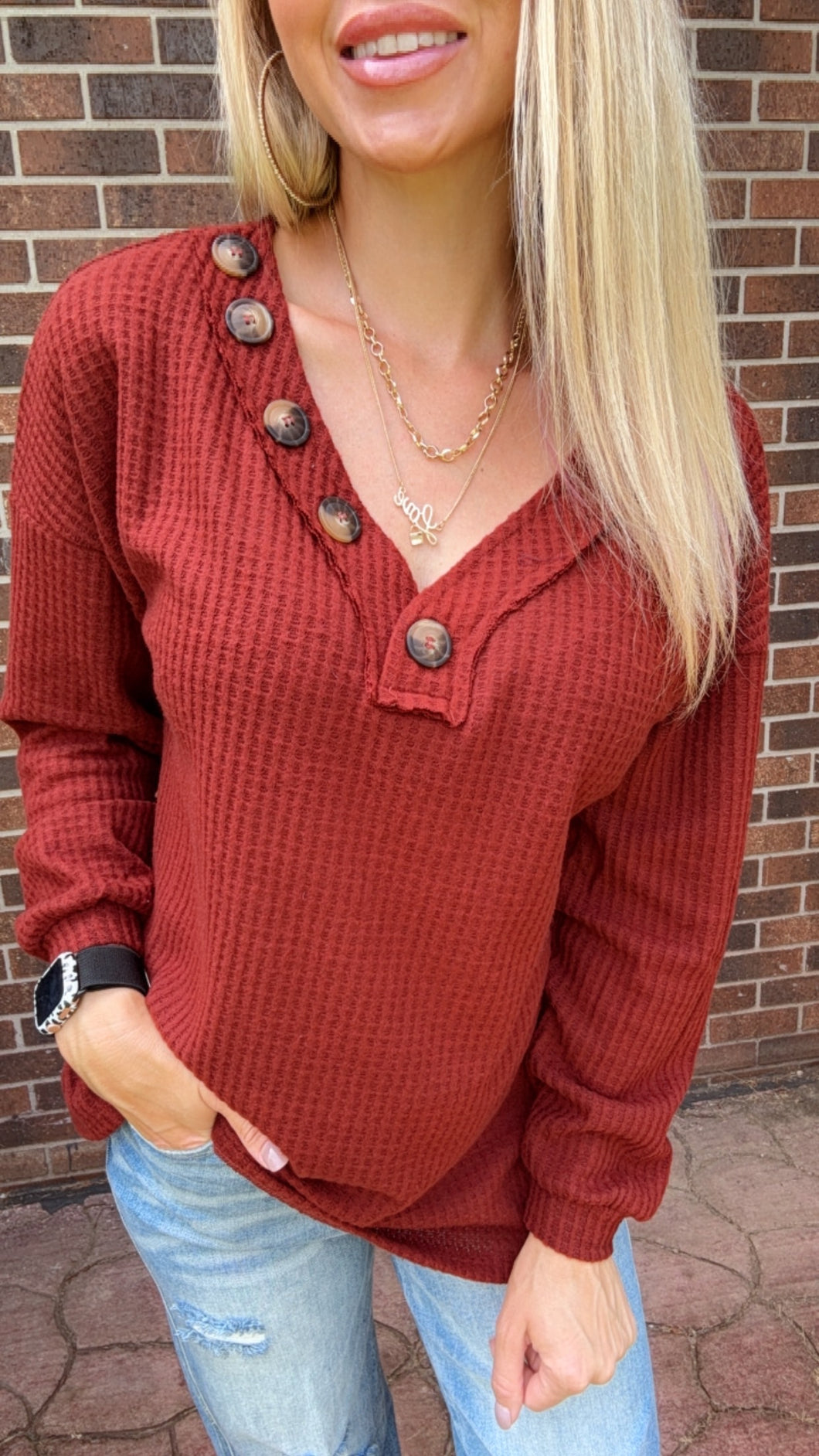 Rust Waffle Button Vneck