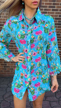 Load image into Gallery viewer, Blue Pink Flower Bell Sleeve Tunic
