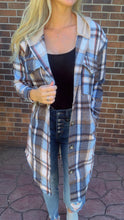 Load image into Gallery viewer, Hooded Longline Blue and Brown Plaid Shacket
