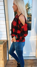 Load image into Gallery viewer, Buffalo Plaid Cold Shoulder top
