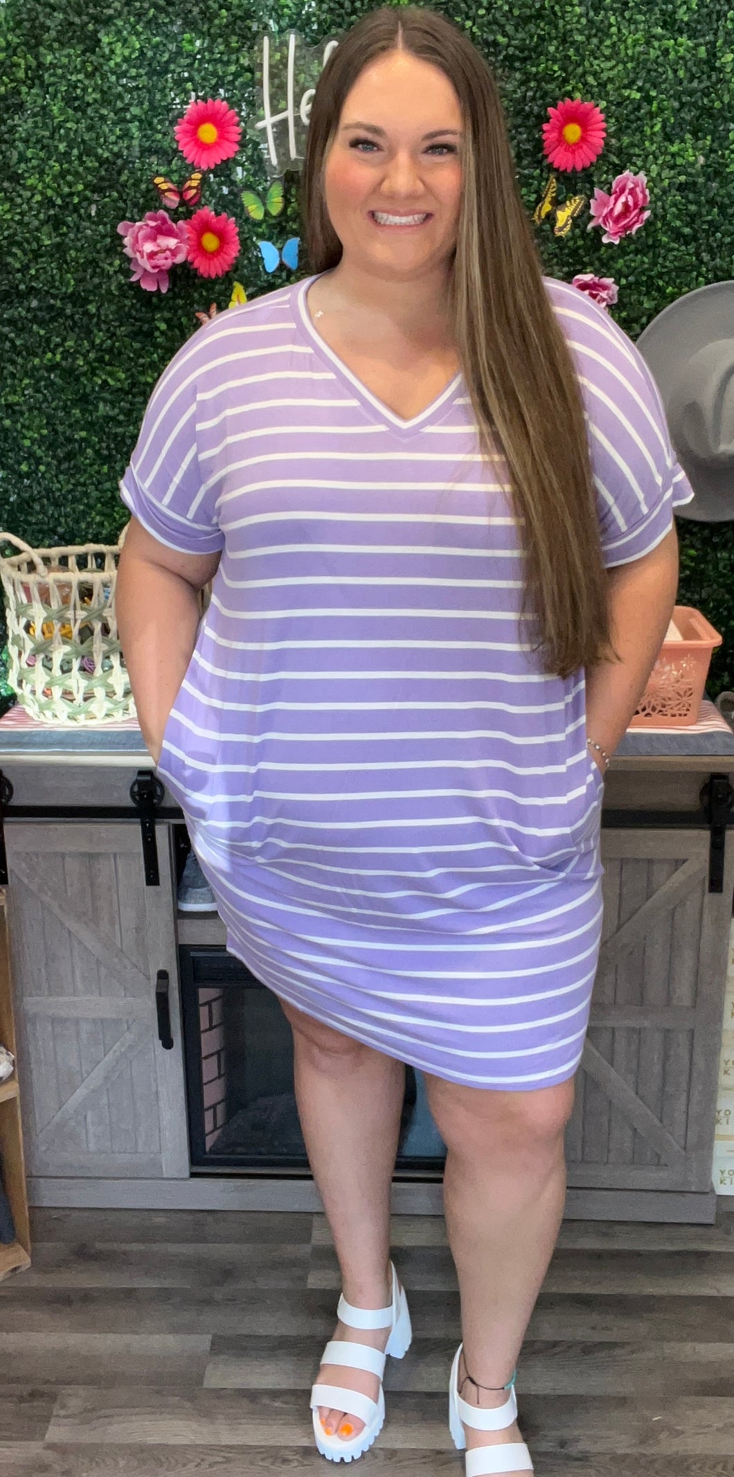 Curvy Lavender/Ivory Stripe V-Neck Dress