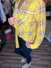 Load image into Gallery viewer, Yellow and Navy Plaid Button Down
