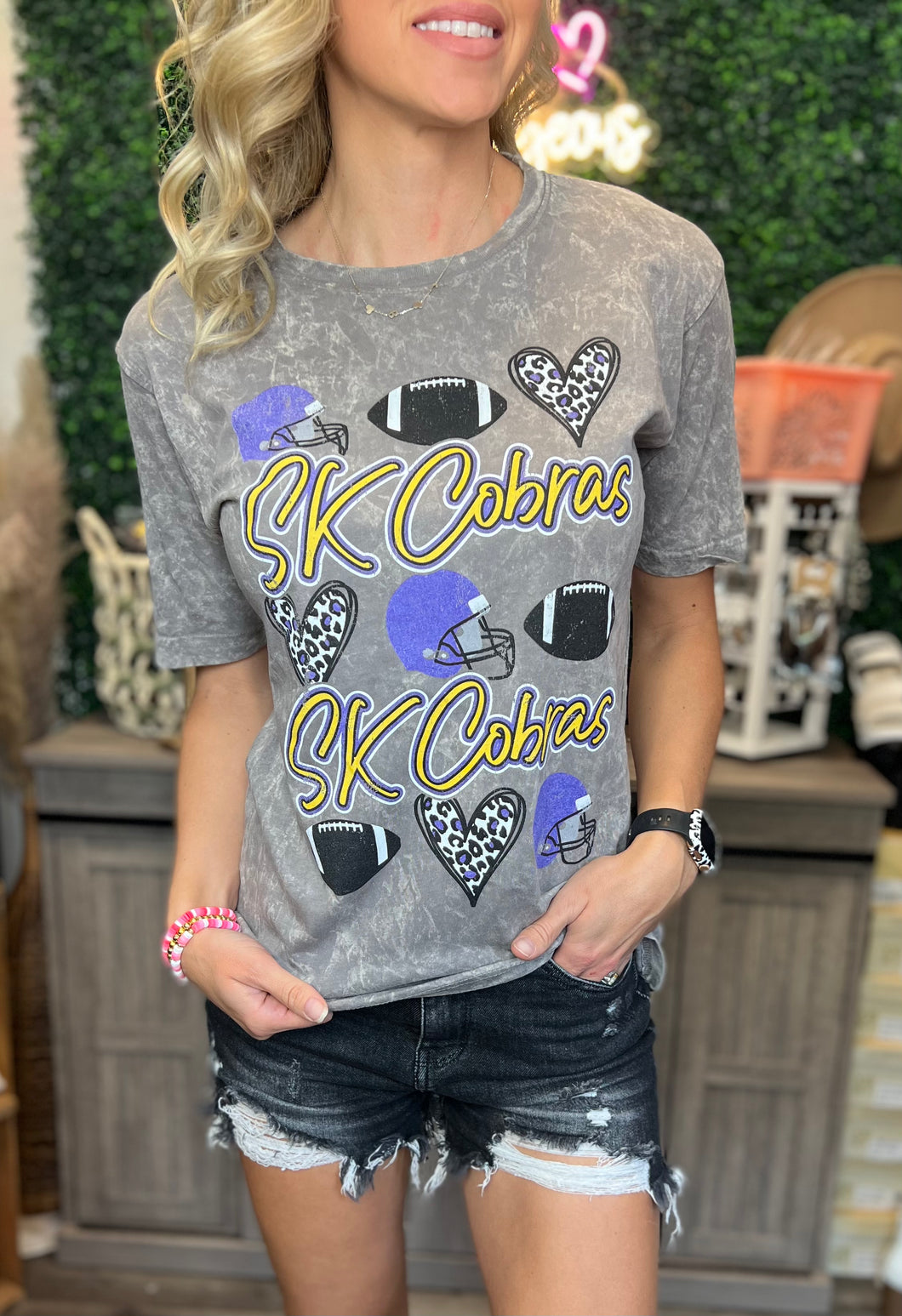 (Customizable) Gray Mineral Wash Football Leopard Heart Tee