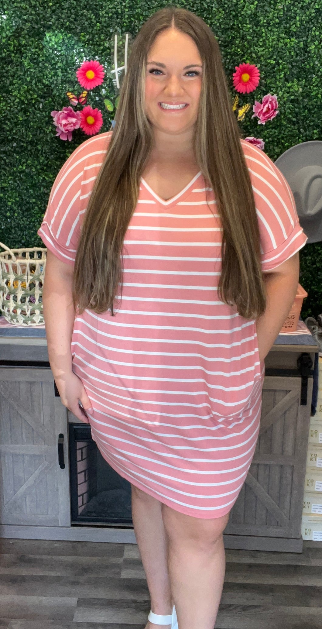 Curvy Ash Rose/Ivory Stripe V-Neck Dress