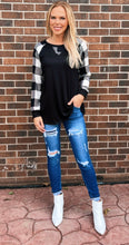 Load image into Gallery viewer, Black top with Plaid sleeve
