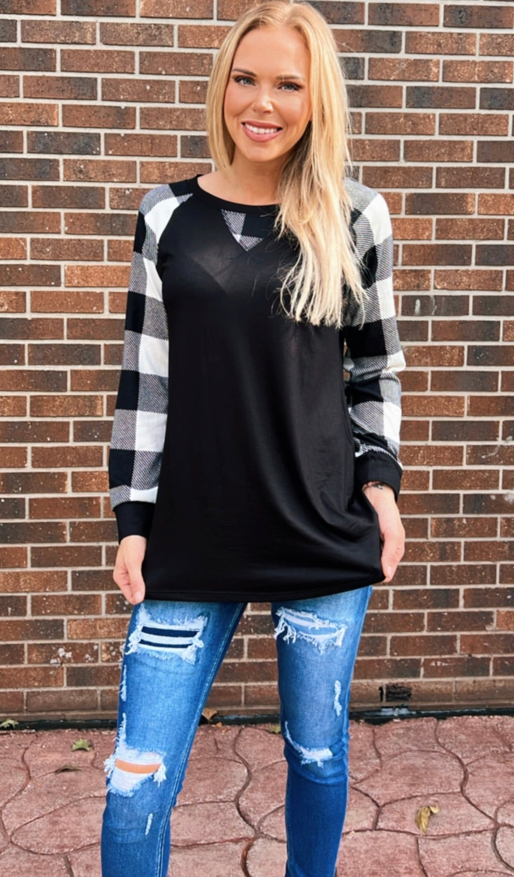 Black top with Plaid sleeve