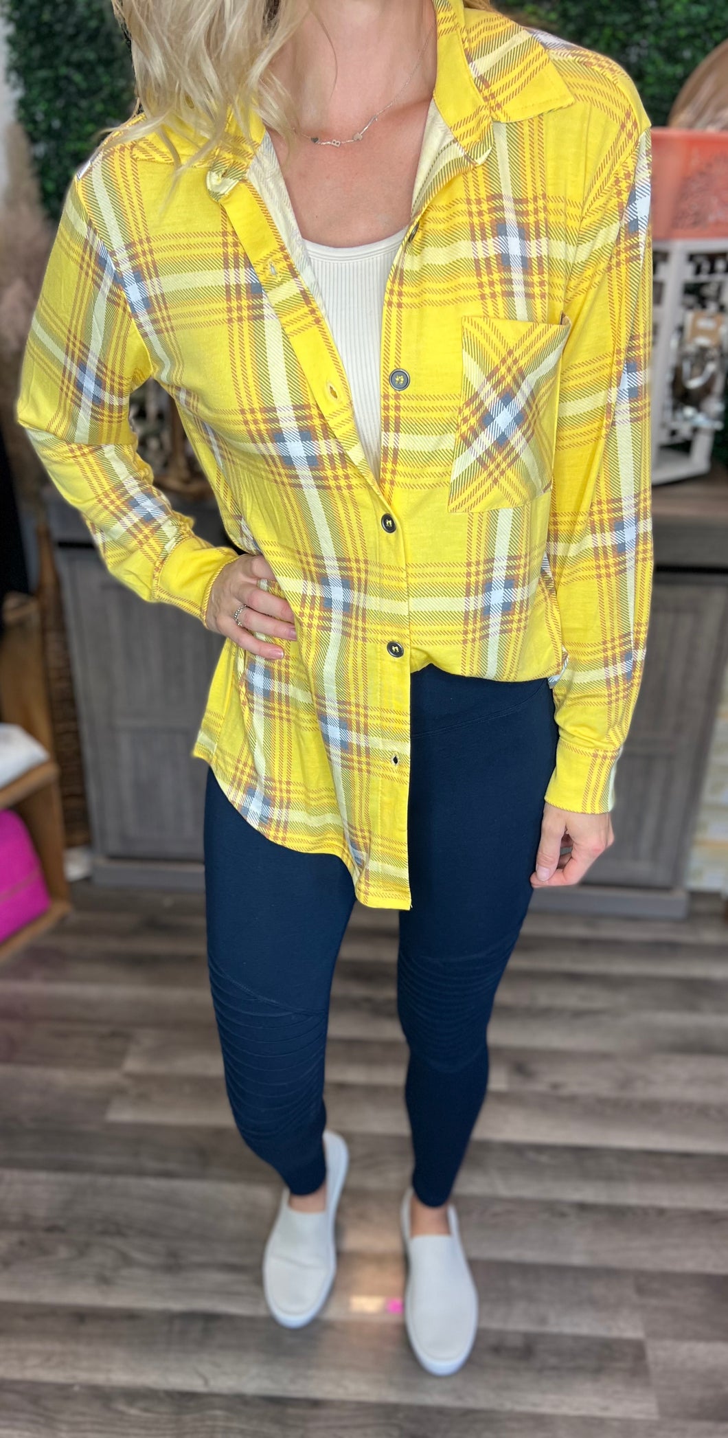 Yellow and Navy Plaid Button Down