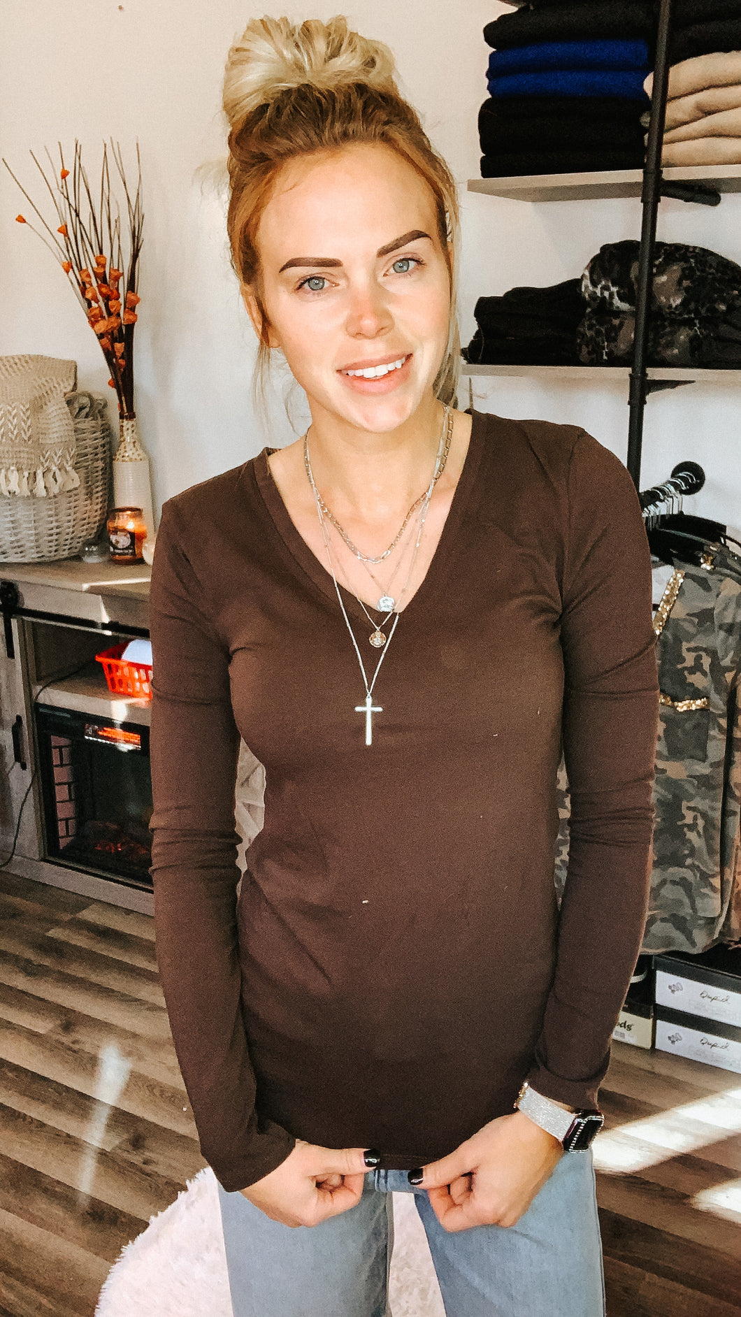 Brown Basic Long Sleeve Top