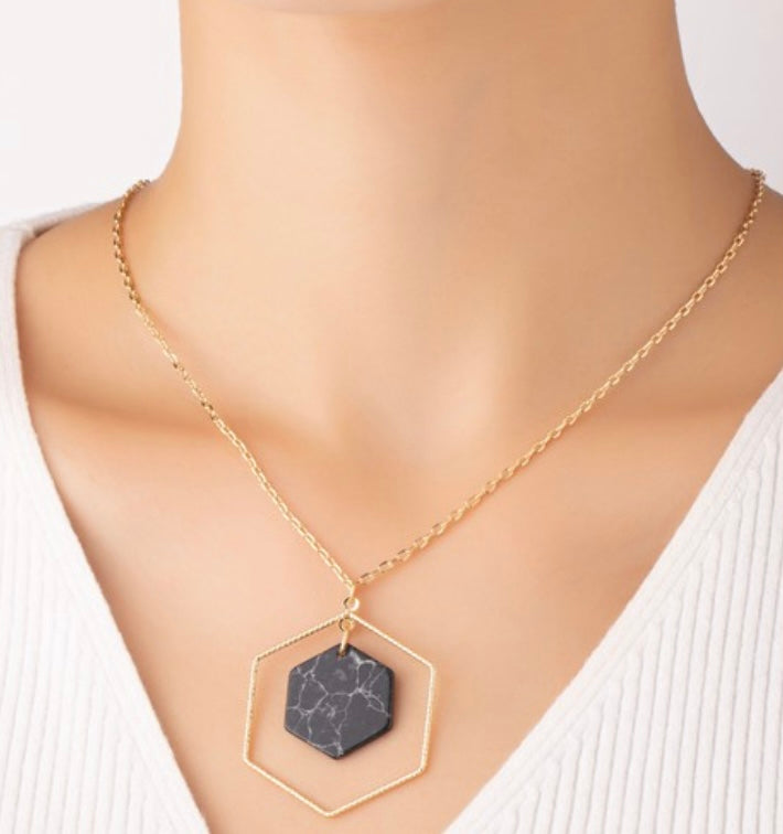 Black Hexagon Stone Pendant Necklace