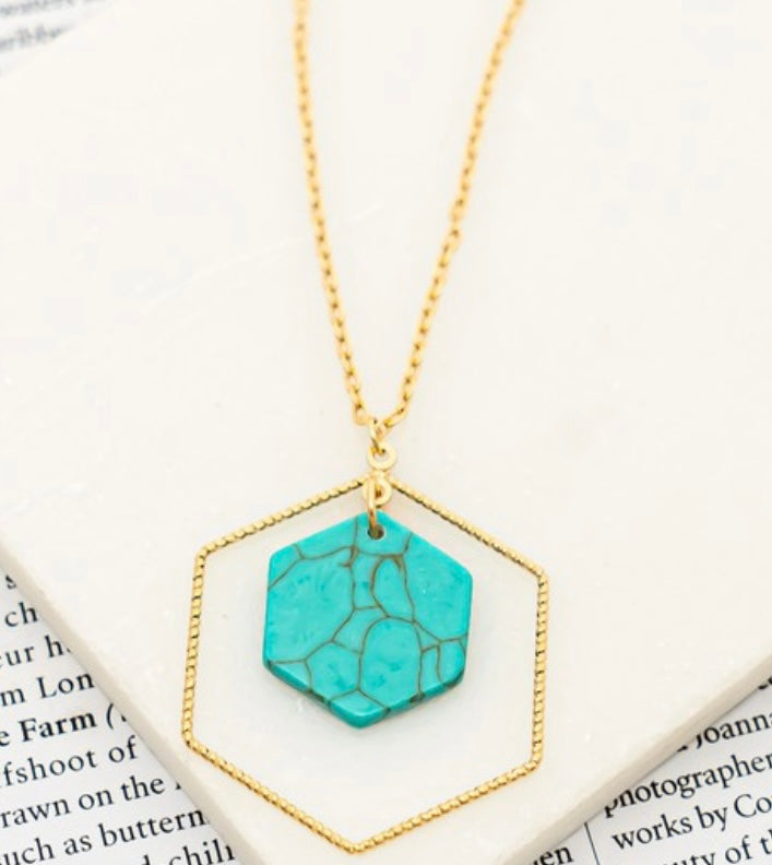 Turquoise Hexagon Stone Pendant Necklace