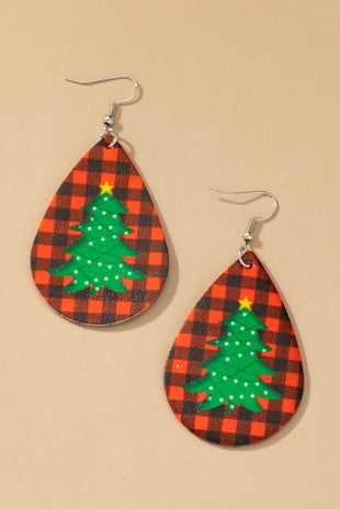 Leather Buffalo Plaid Christmas Tree Earrings