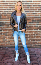 Load image into Gallery viewer, Brown Vegan Leather Belted Moto Jacket
