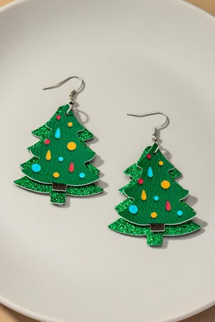 Leather Double Glitter Christmas Tree Earrings
