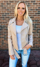 Load image into Gallery viewer, Cream Vegan Leather Belted Moto Jacket
